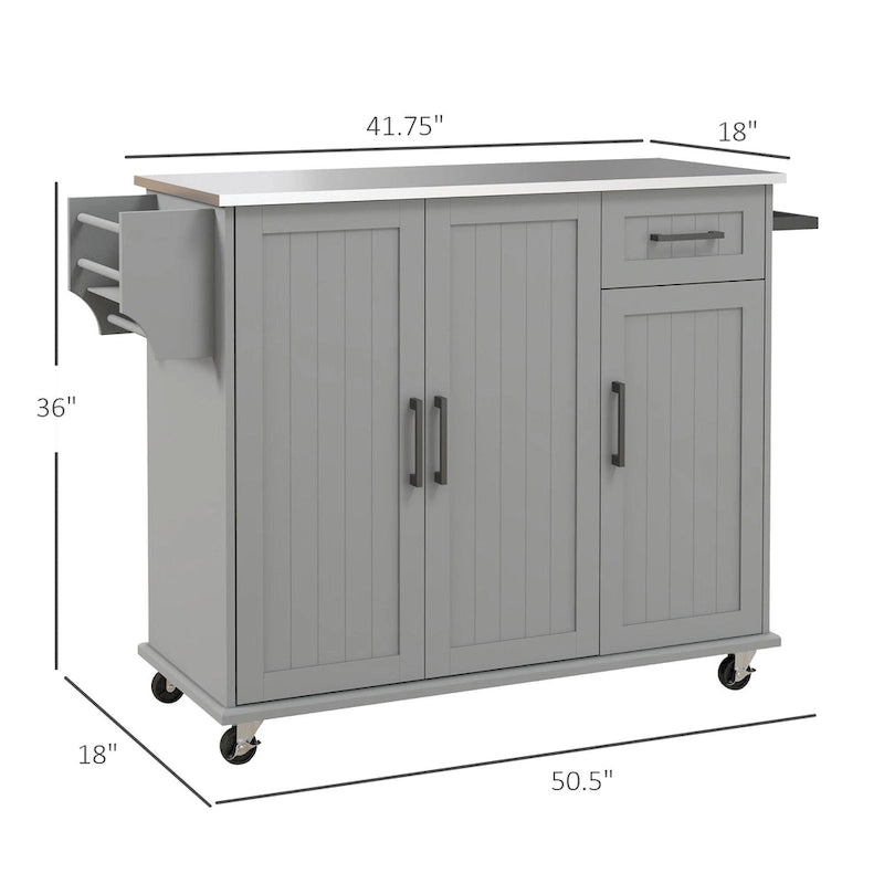 Îlot de cuisine avec rangement, îlot de cuisine mobile avec tiroirs, 3 armoires, comptoir en acier inoxydable.