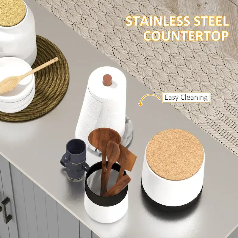 Îlot de cuisine avec rangement, îlot de cuisine mobile avec tiroirs, 3 armoires, comptoir en acier inoxydable.