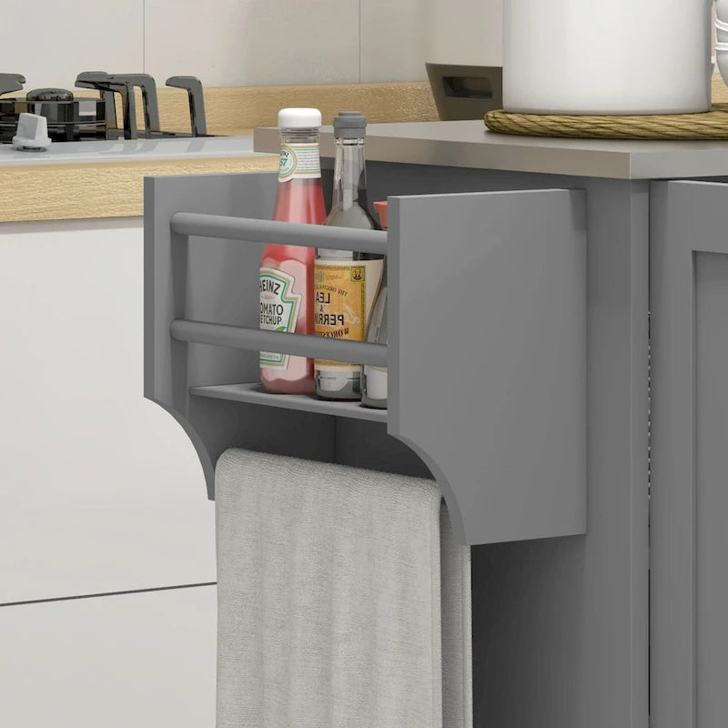 Îlot de cuisine avec rangement, îlot de cuisine mobile avec tiroirs, 3 armoires, comptoir en acier inoxydable.