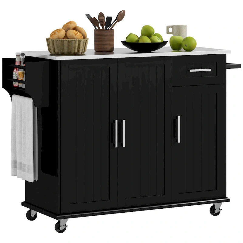 Îlot de cuisine avec rangement, îlot de cuisine mobile avec tiroirs, 3 armoires, comptoir en acier inoxydable.