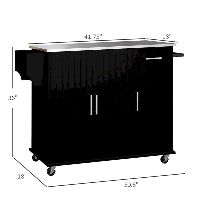 Îlot de cuisine avec rangement, îlot de cuisine mobile avec tiroirs, 3 armoires, comptoir en acier inoxydable.
