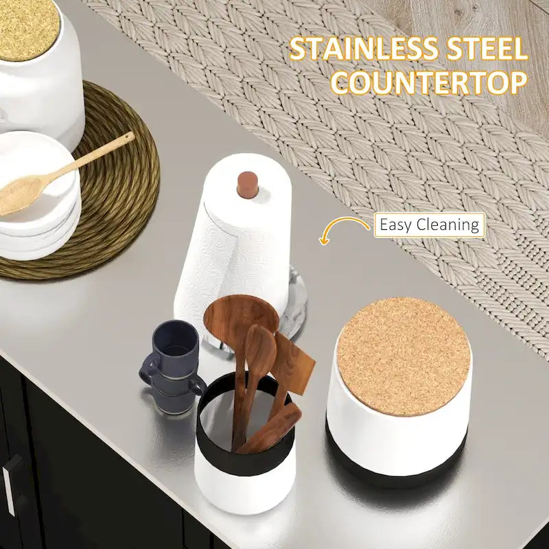 Îlot de cuisine avec rangement, îlot de cuisine mobile avec tiroirs, 3 armoires, comptoir en acier inoxydable.