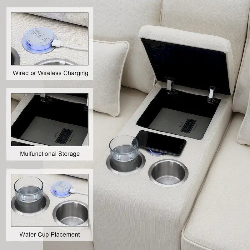 Canapé rembourré avec console, deux porte-gobelets et deux ports USB prenant en charge la recharge filaire ou sans fil ; style minimaliste moderne.