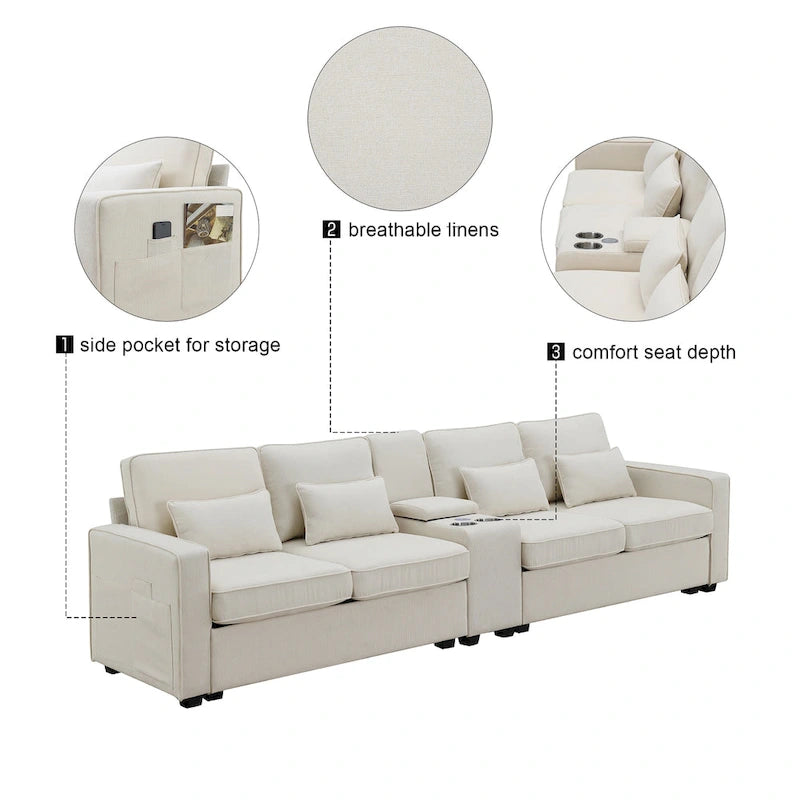 Canapé rembourré avec console, deux porte-gobelets et deux ports USB prenant en charge la recharge filaire ou sans fil ; style minimaliste moderne.
