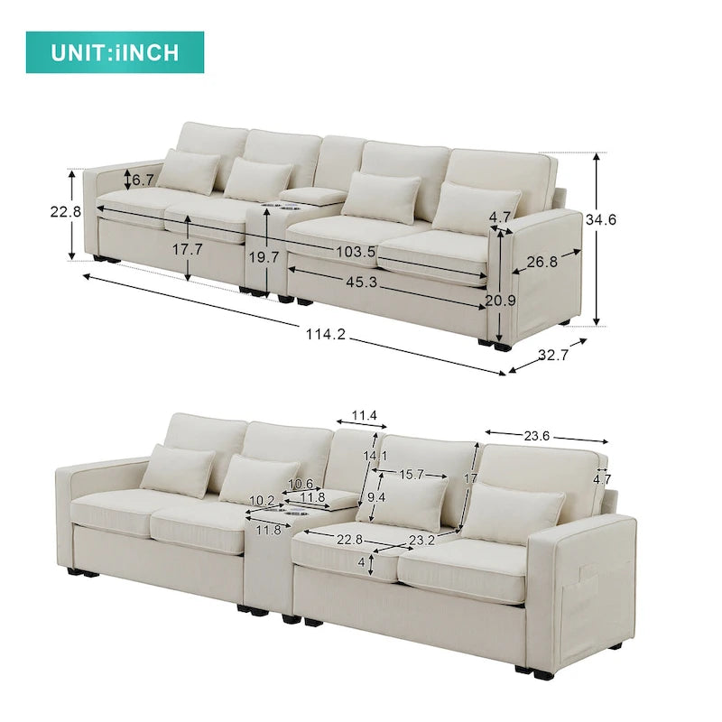 Canapé rembourré avec console, deux porte-gobelets et deux ports USB prenant en charge la recharge filaire ou sans fil ; style minimaliste moderne.