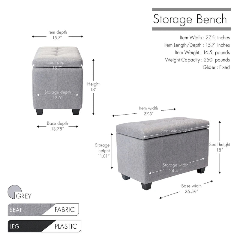 Banc de rangement en tissu à couvercle rabattable