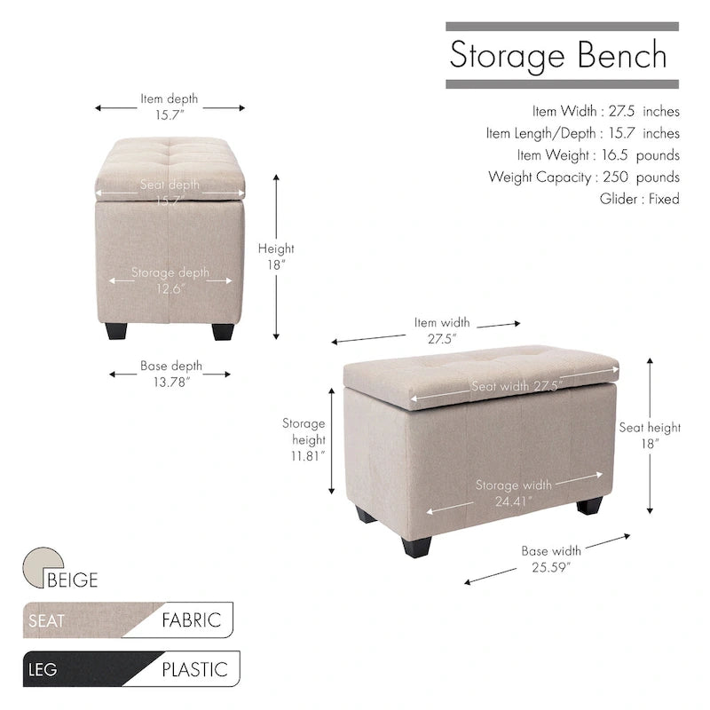 Banc de rangement en tissu à couvercle rabattable