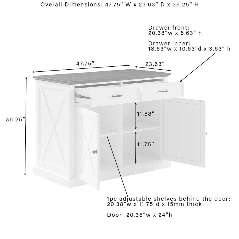 Îlot de cuisine - 23,63 pouces (profondeur) x 47,75 pouces (largeur) x 36,25 pouces (hauteur)