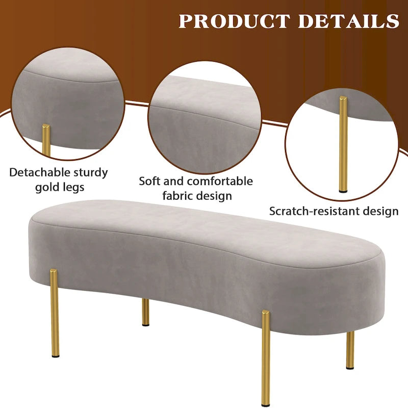 Banc rembourré et banc d'entrée avec pieds en métal plaqué or, adapté au salon - 45,7*15,4 cm