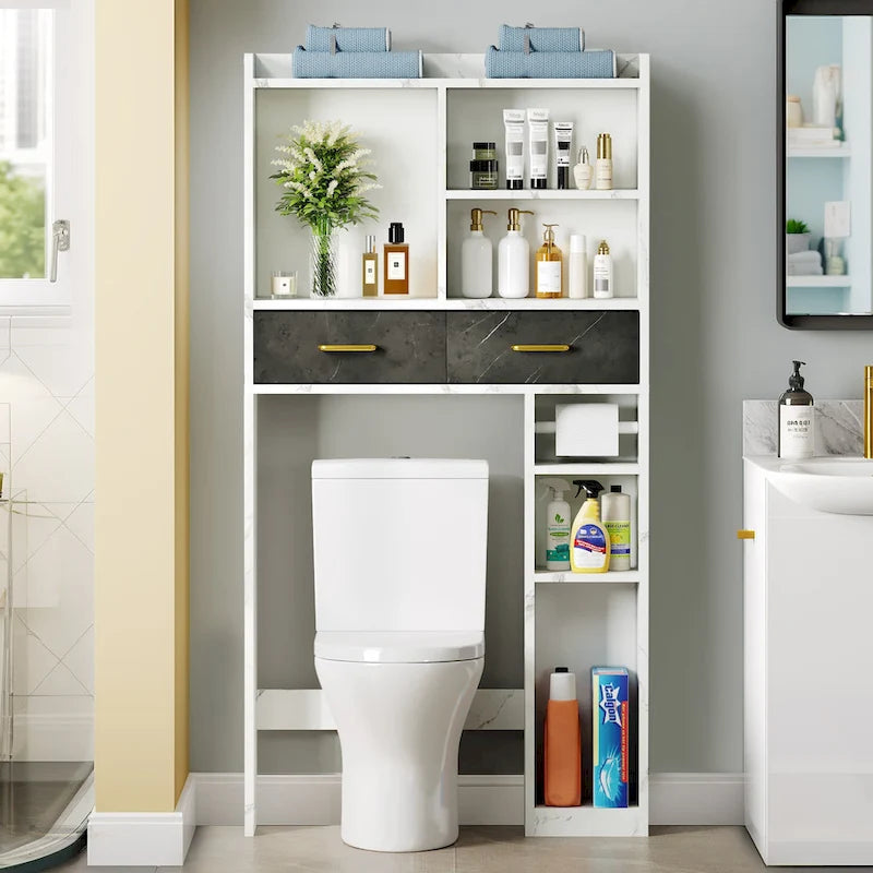 Meuble de rangement de salle de bain au-dessus des toilettes (avec tiroirs et étagères)