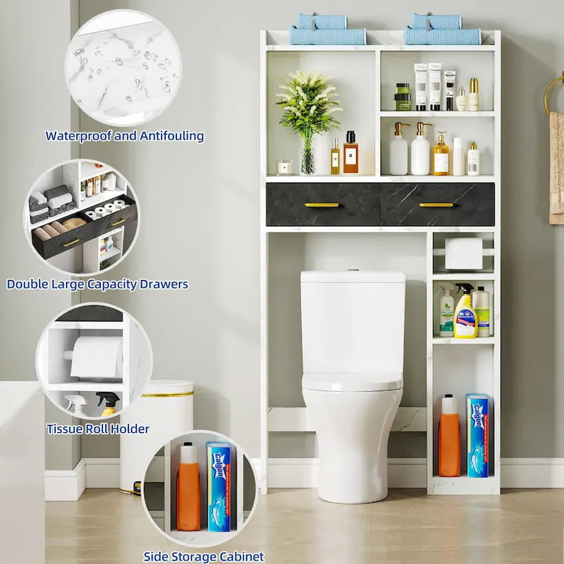 Meuble de rangement de salle de bain au-dessus des toilettes (avec tiroirs et étagères)