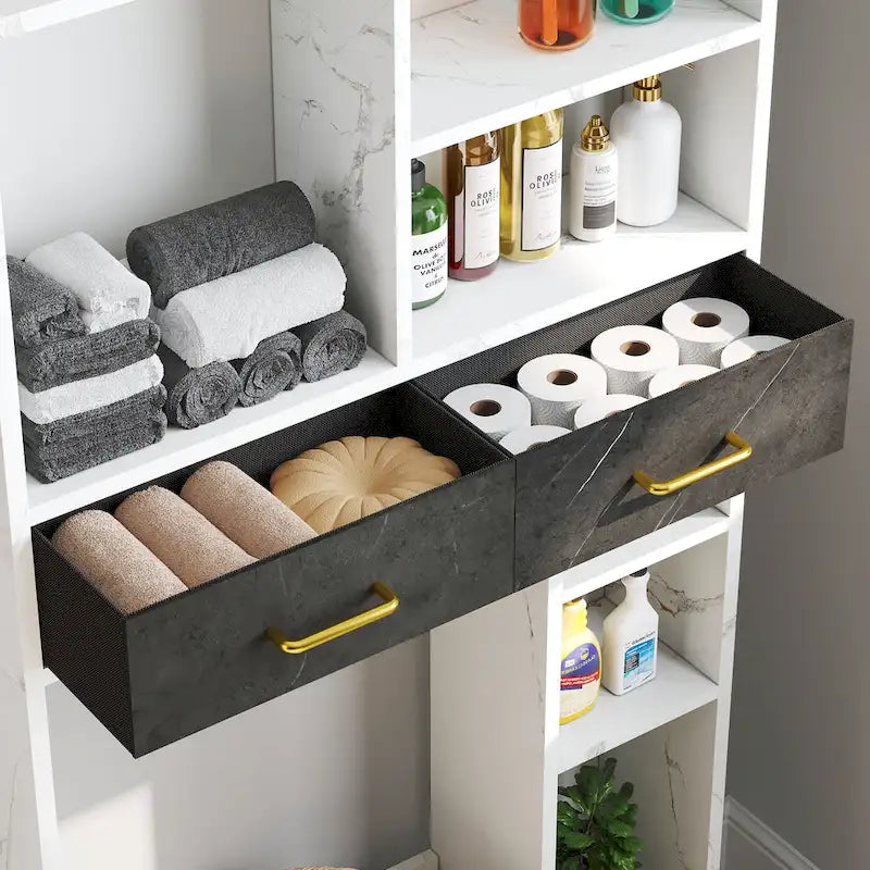 Meuble de rangement de salle de bain au-dessus des toilettes (avec tiroirs et étagères)