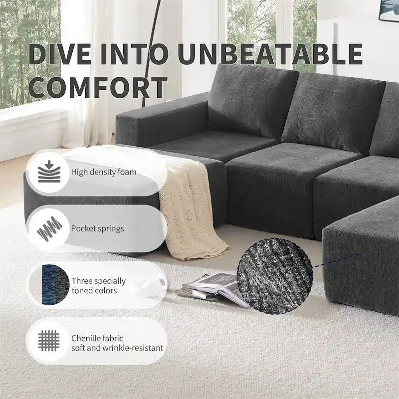 Canapé d'angle modulaire en U, ensemble de canapés de sol de luxe en chenille