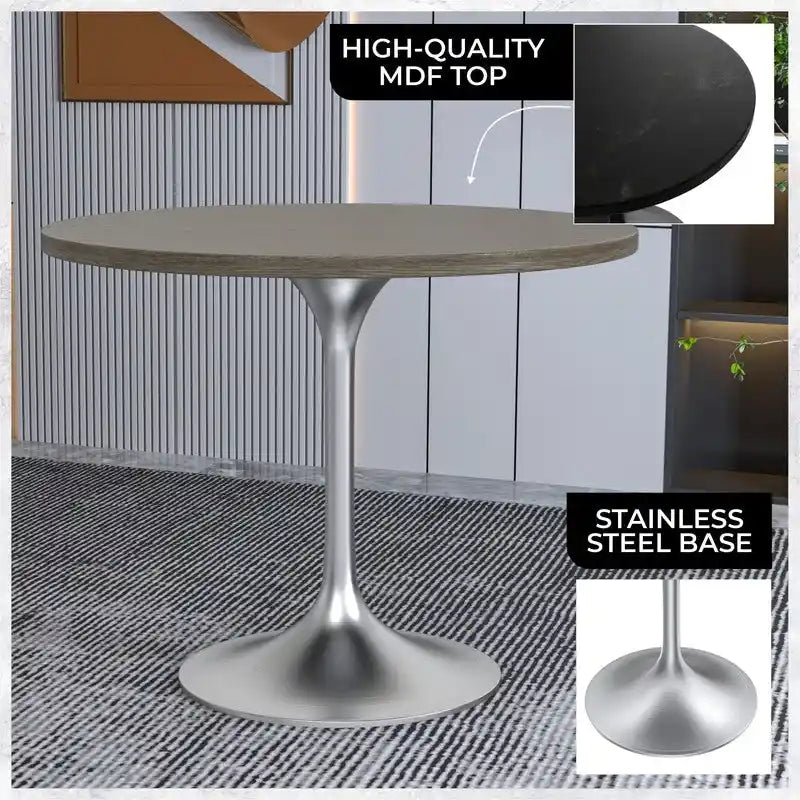 Table à manger ronde de 36 pouces – Plateau en MDF avec base en chrome brossé, convient pour les cuisines et salles à manger