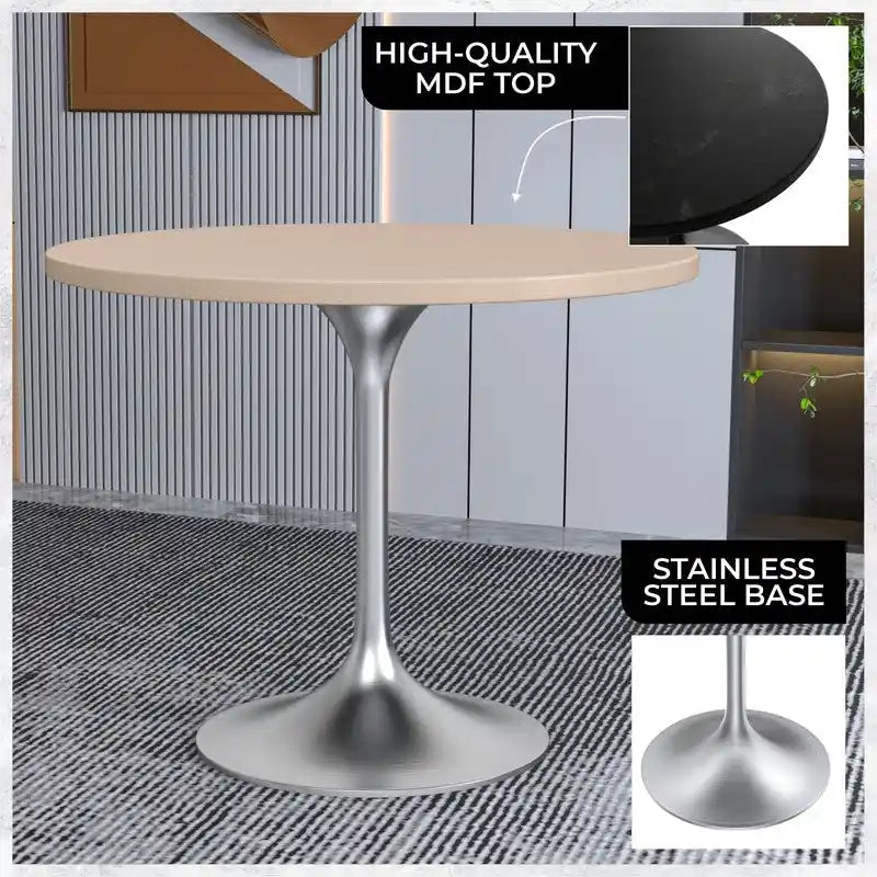 Table à manger ronde de 36 pouces – Plateau en MDF avec base en chrome brossé, convient pour les cuisines et salles à manger