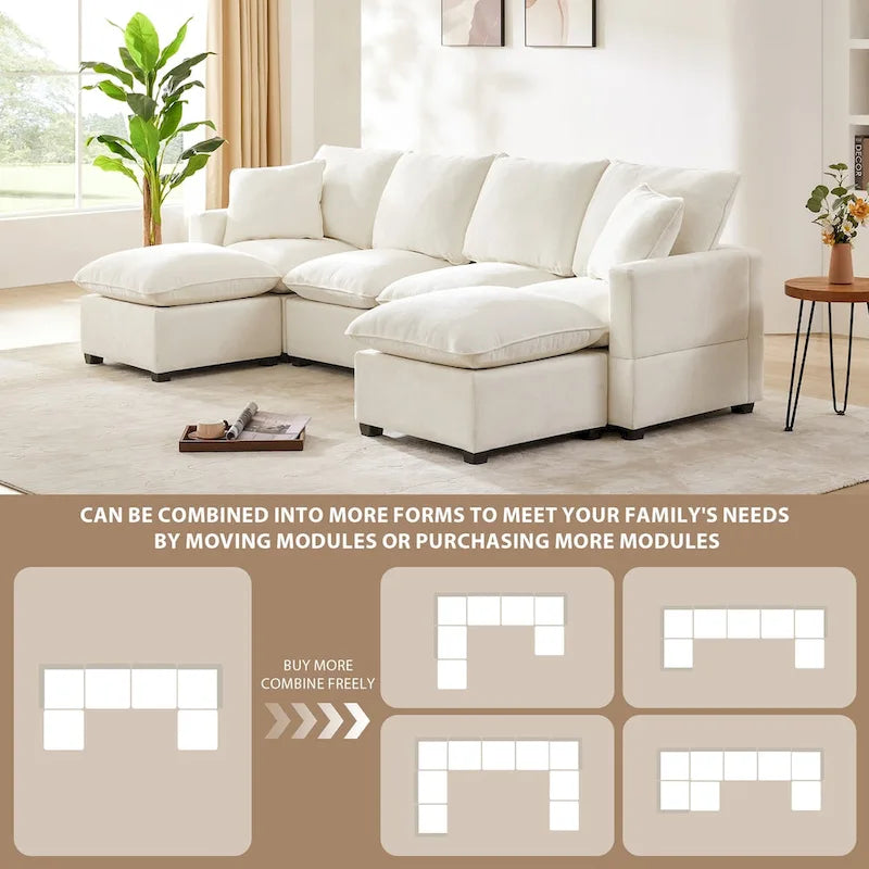 Canapé modulable moderne en U à 6 places, combinaisons libres, avec 2 oreillers