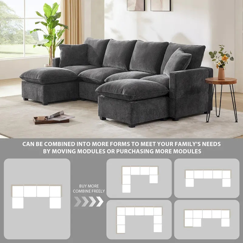 Canapé modulable moderne en U à 6 places, combinaisons libres, avec 2 oreillers