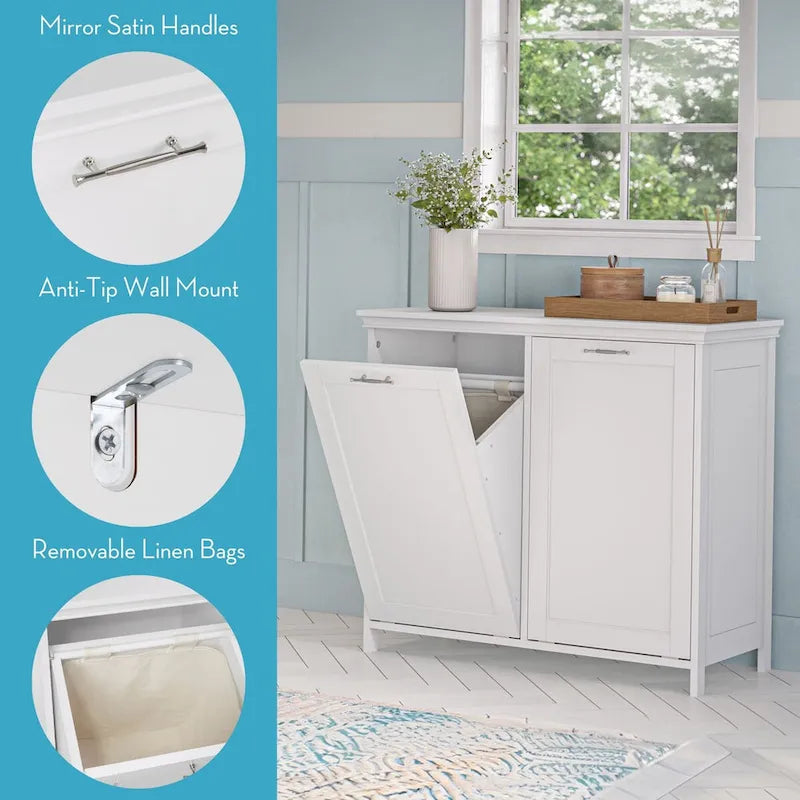 Meuble de buanderie double basculant (avec sacs en tissu amovibles) – Blanc