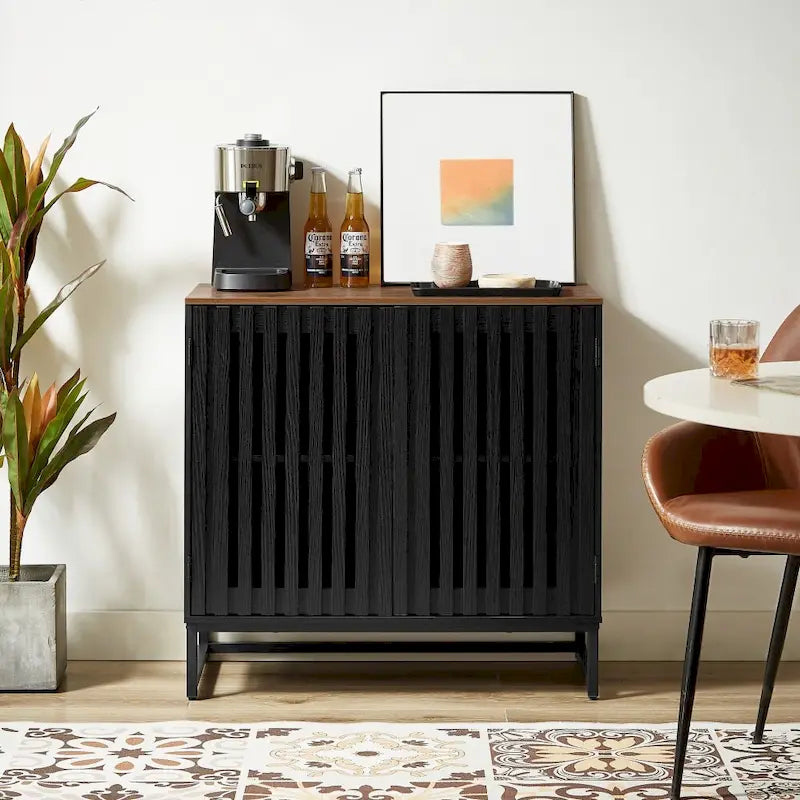 Vintage Slatted Striped Storage Cabinet with Adjustable Shelf