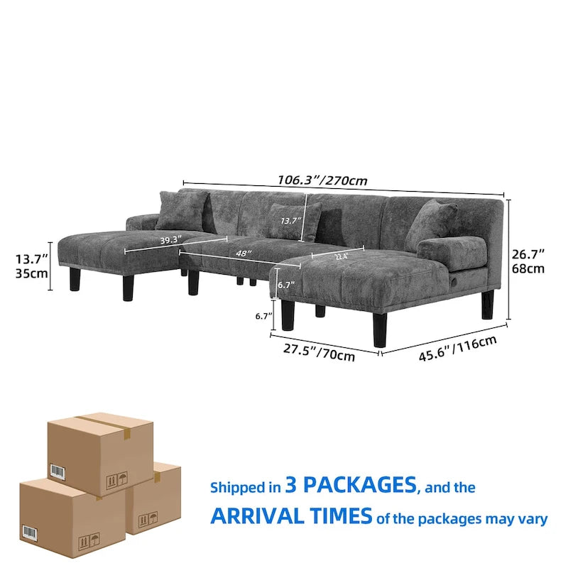Canapé modulaire en U, canapé modulaire moderne en chenille - 45,6L x 106,3P x 26,7H